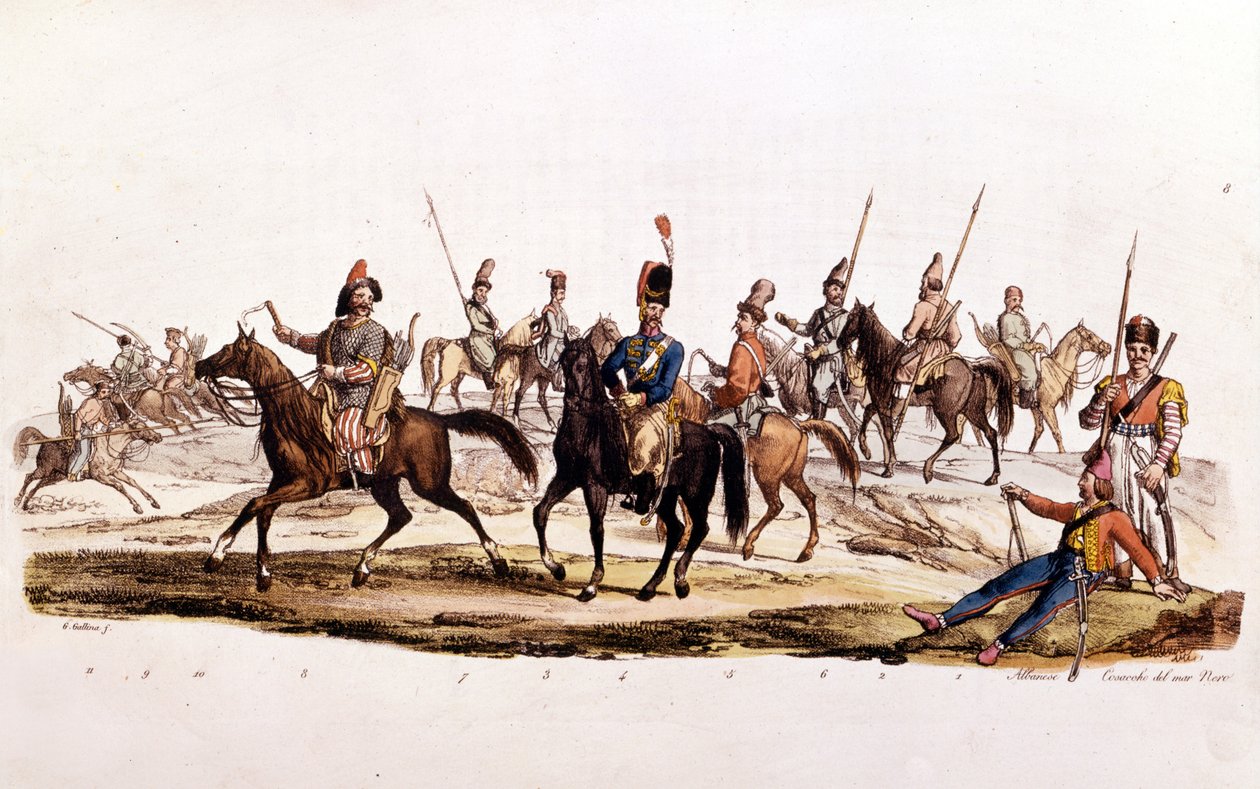 Kosacker: 1:a 2:a kosacker 3:e kosack av Don 4¡ Official Cosack of Don 5¡ Kosack Chernomowskij 6¡ Kosack av Ural 7¡ Regular Cossack 8¡ Bashkir 9¡ och 10¡ Kalmouk av Unknown artist