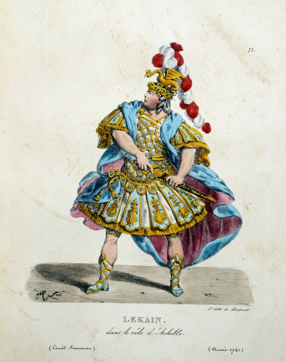 Kostym av Lekain (Henri Louis Cain (Henri-Louis Le Kain) (1729-1778) i rollen som Achilles 1740. Fransk komedi-teaterdräkt av Hippolyte Lecomte (1781-1857) av Unknown artist