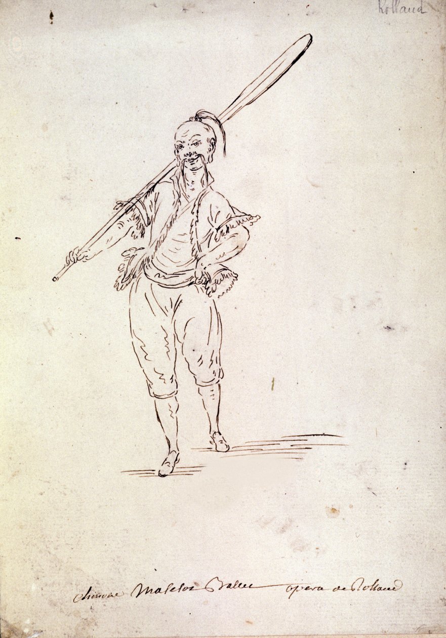 Kostym för karaktären Roland i operan med samma namn av kompositören Niccolo Vito Piccinni (eller Piccini) (1728-1800) efter ett libretto av Jean Francois Marmontel (1778). Teckning från slutet av 1700-talet av Unknown artist