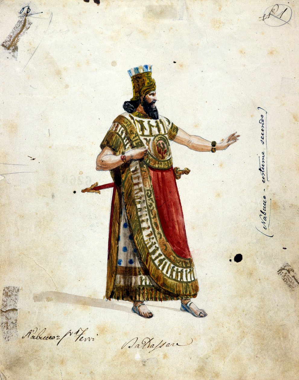 Dräkt av Nabukadnessar, kung av Babylon, i opera av Giuseppe Verdi (1813 - 1901), "" Nabucco""" först kallad "Nabucodonosor""". Musée de la Scala av Unknown artist