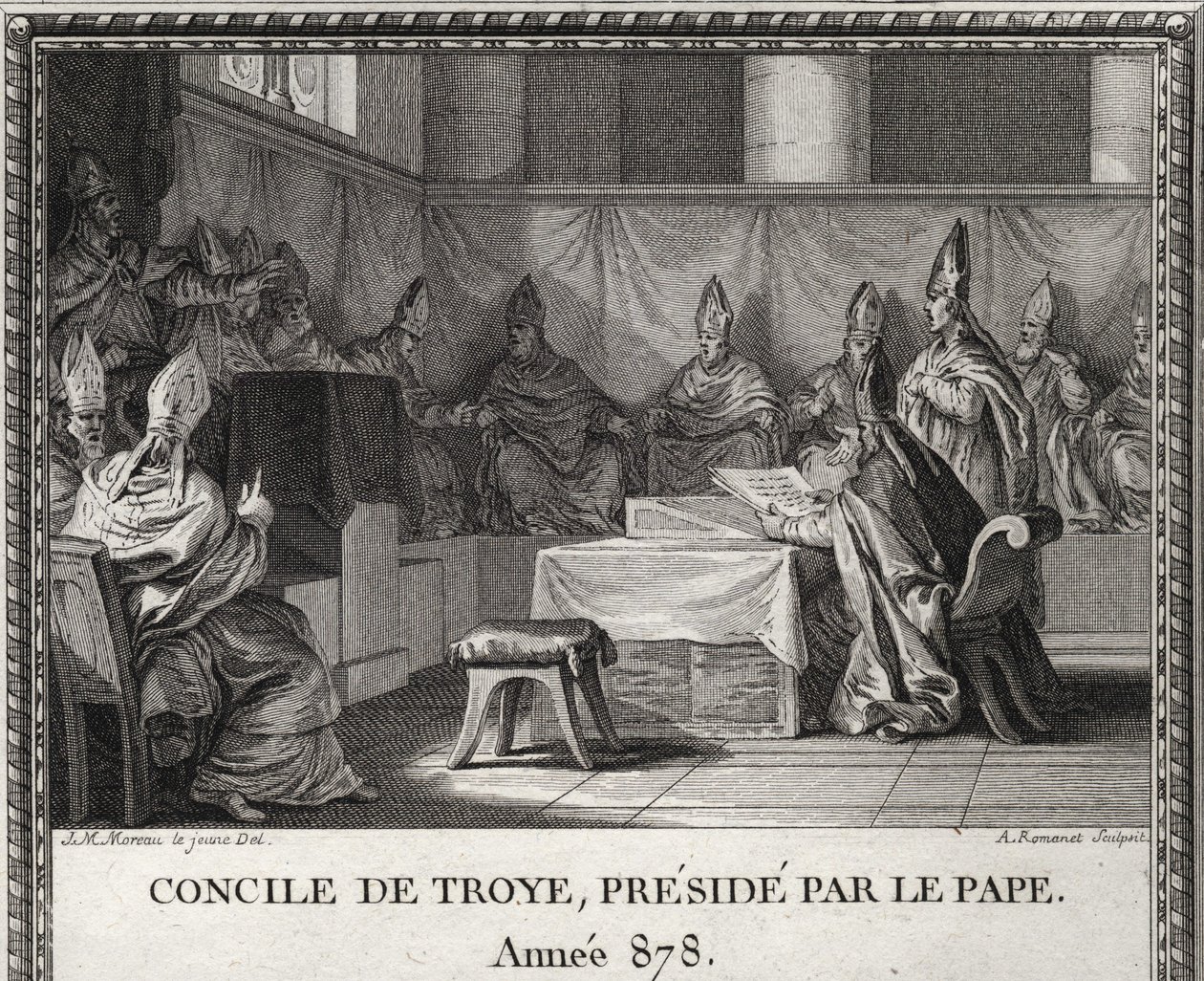 Konciliet i Troye den 7 september 878. I maj 878 kom påven Johannes VIII, hotad av saracener och italienska adelsmän, för att ta sin tillflykt till Arles under hertig Boson och hans hustru Ermengarde. Han följer med honom i Troyes eller håller på att organ av Unknown artist