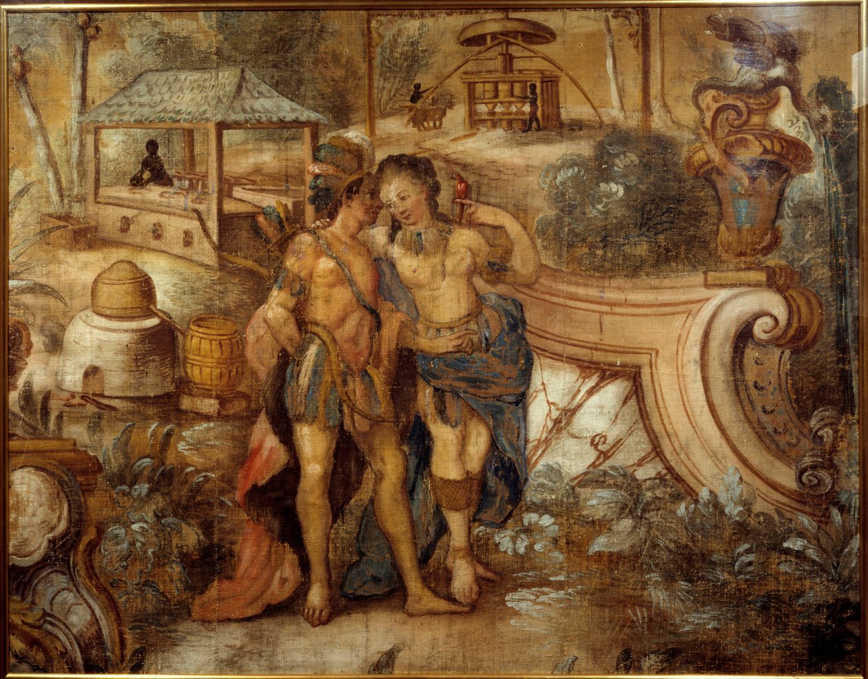 Koppla ihop en kvinna med en indier framför en sockerplantage i Västindien. Anonym målning av Unknown artist