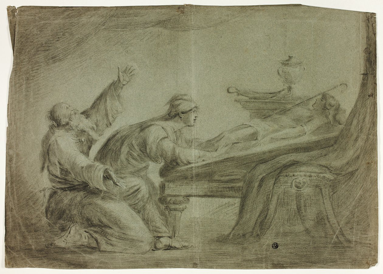 Par i antik klänning, sörjande död son av Unknown artist