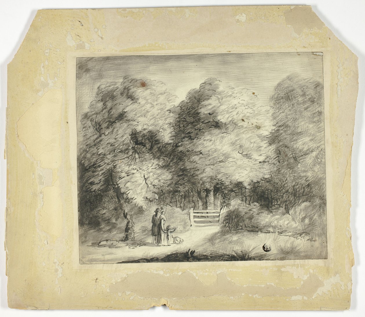 Par med barn och hund vid ingången till parken av Unknown artist