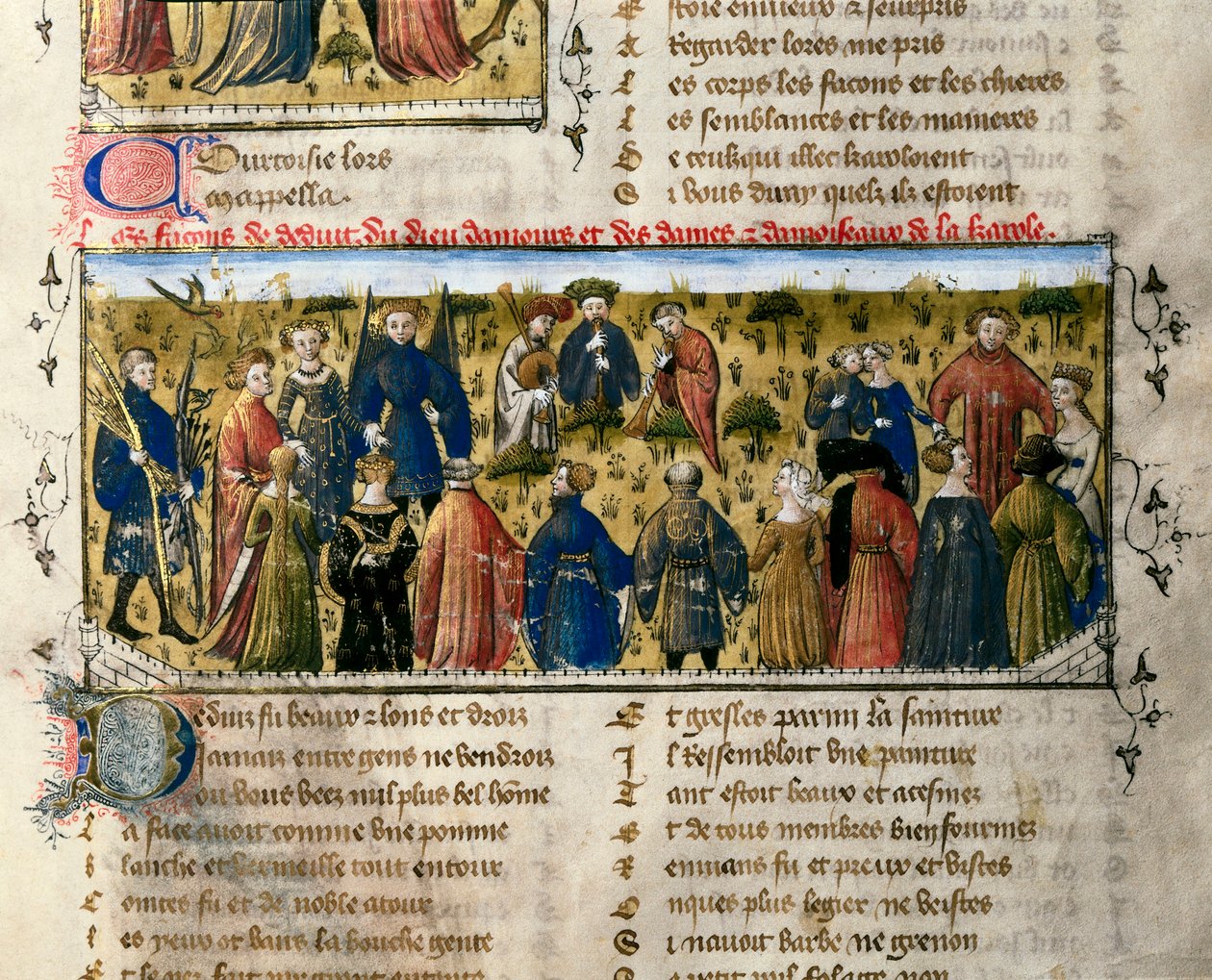 Rättsunderhållning: danser och spel. Scenen utspelar sig i närvaro av gudarna kärlek, skönhet, leverans, franchise, artighet och ungdom. Miniatyr från "" The Roman of the Rose ". Valencia från 1300-talet. Universitetsbiblioteket. ©AISA/Leemage av Unknown artist