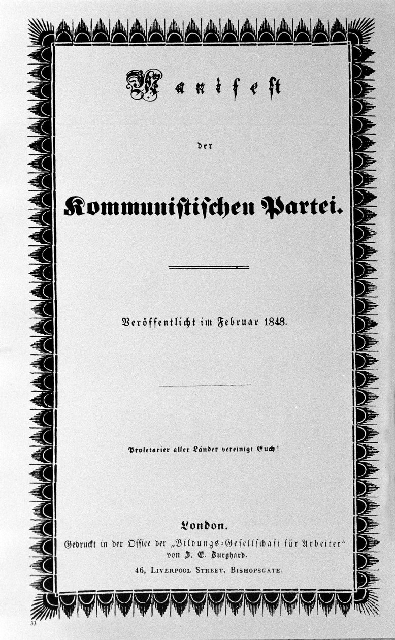 Omslag till kommunistpartiets manifest av Karl Marx och Friedrich Engels, första upplagan, London 1848 (30 sidor). "Proletärer i alla länder förenar er" av Unknown artist