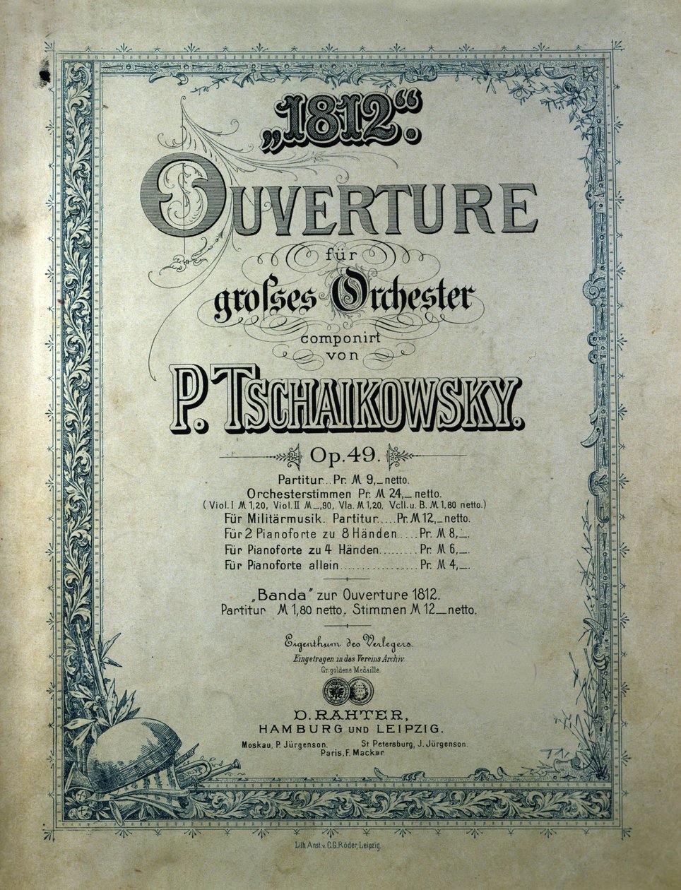 Omslag till öppningspartituren "" Året 1812""" opus 49 av Piotr eller Pjotr Iljitj Tjajkovskij (eller Tjajkovskij eller Cajkovskij eller Tschaikowskij av Unknown artist