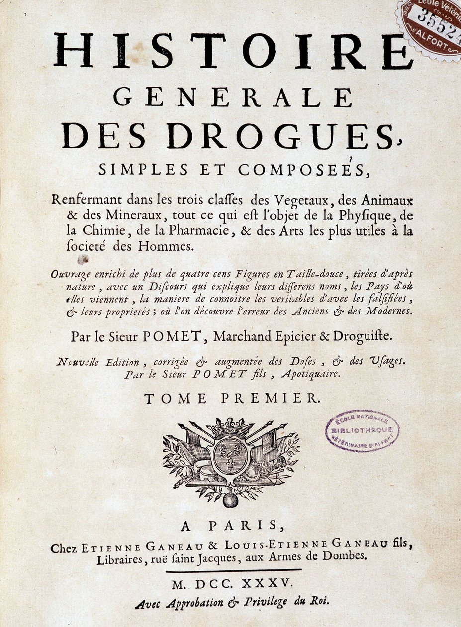 Försättsblad till "Allmän historia om droger, singel och komponerad" av Pomet av Unknown artist
