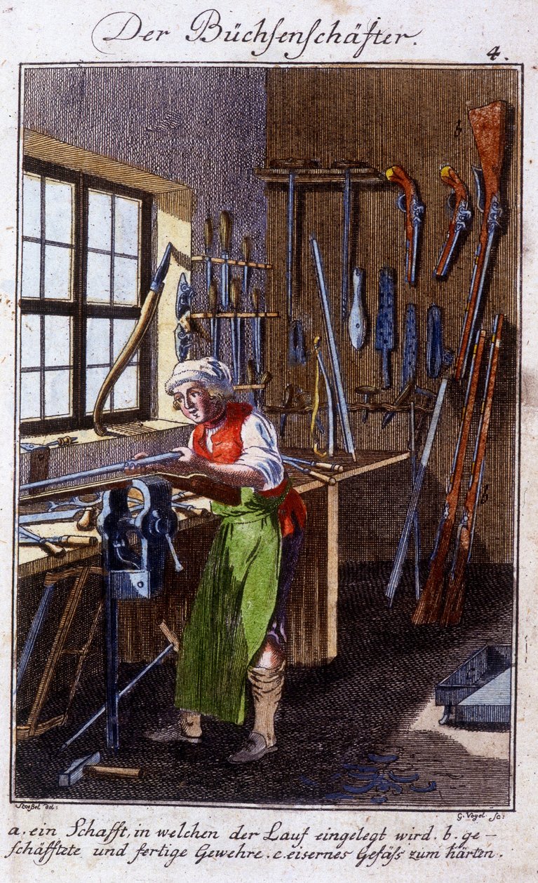 Hantverk: arkebusmakaren i sin verkstad. I "" Omfattande beskrivning av konsthantverk och workshops för unga"" av Johan Peter Vue. Ed. Nürnberg, Weigel och Schneider av Unknown artist