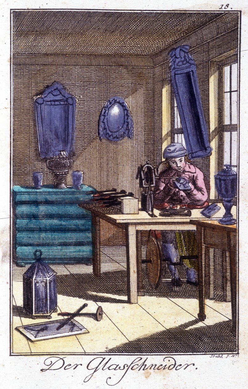 Hantverk: kristallmakaren i sin verkstad. I "" Omfattande beskrivning av konsthantverk och workshops för ungdomar"" av Johan Peter Vue. Ed. Nürnberg, Weigel och Schneider av Unknown artist