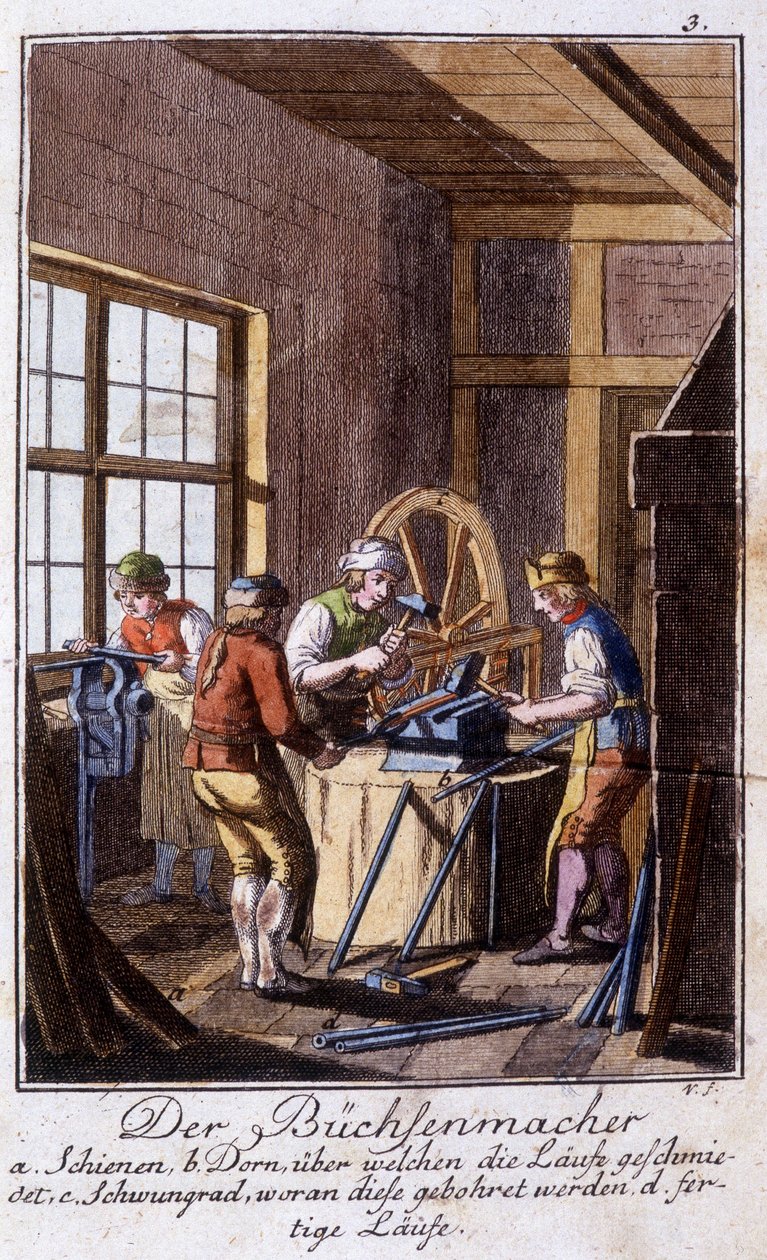 Hantverk: harquebuskern i sin verkstad. I "" Omfattande beskrivning av konsthantverk och workshops för unga"" av Johan Peter Vue. Ed. Nürnberg, Weigel och Schneider av Unknown artist