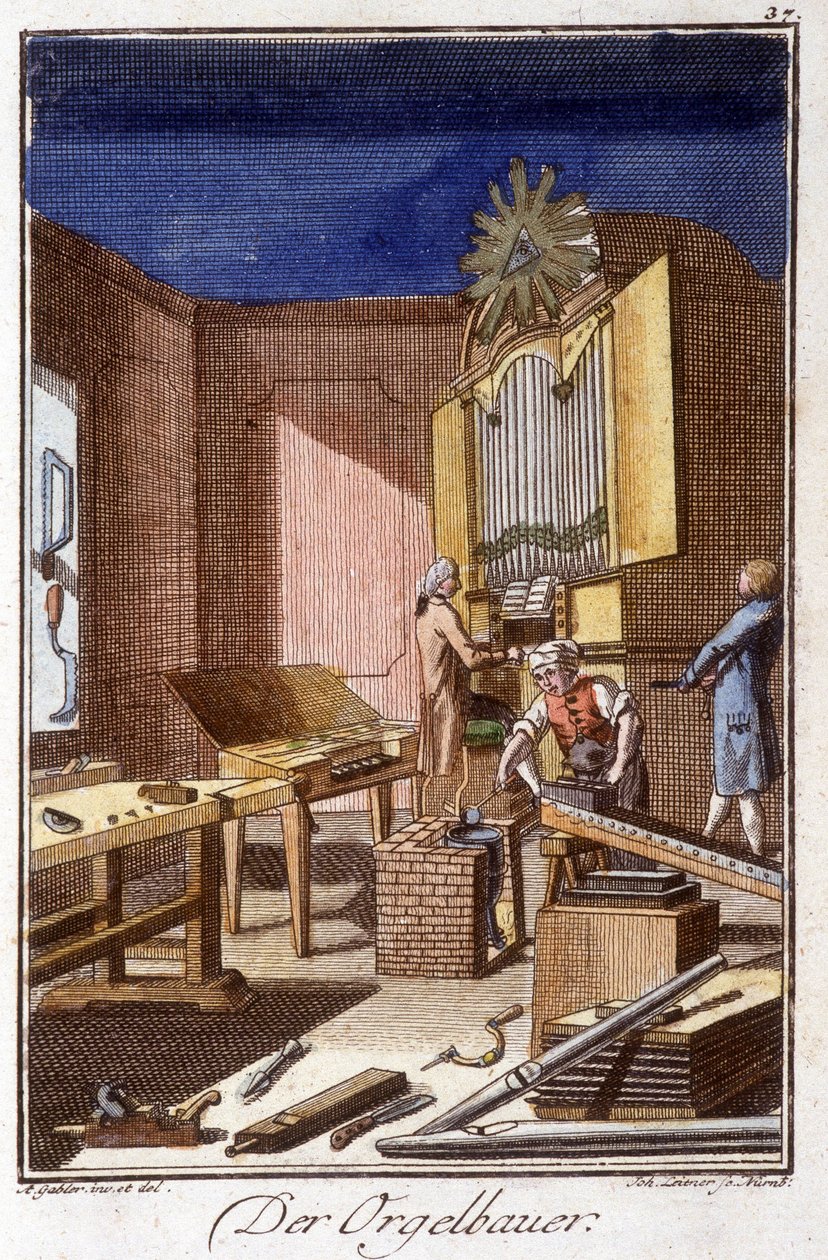 Hantverk: orgelbyggaren i sin verkstad. I "" Omfattande beskrivning av konsthantverk och workshops för unga"" av Johan Peter Vue. Ed. Nürnberg, Weigel och Schneider av Unknown artist