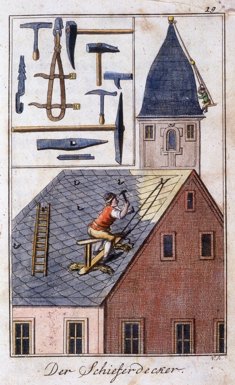 Hantverk: takläggaren och dess arbetsredskap. I "" Omfattande beskrivning av konsthantverk och workshops för ungdomar"" av Johan Peter Vue. Ed. Nürnberg, Weigel och Schneider av Unknown artist