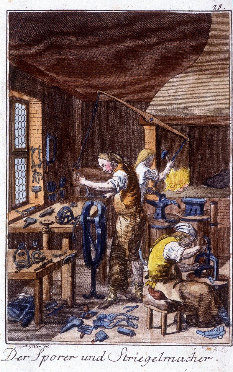 Hantverk: sporren, tillverkaren av krympborste i sin verkstad. I ”” Heltäckande beskrivning av konsthantverk och verkstäder för unga”” av Johan Peter Vire. Ed. Nürnberg, Weigel och Schneider av Unknown artist