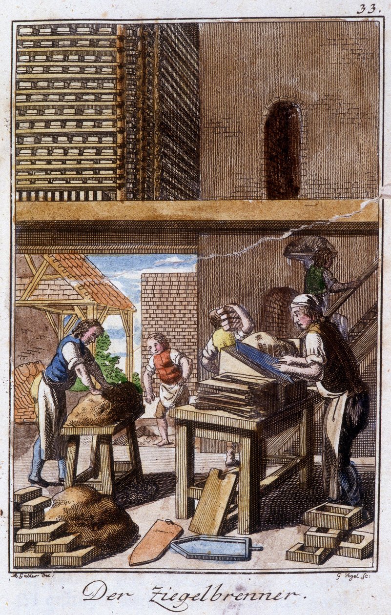 Hantverk: kakel- eller tegelmakaren i sin verkstad. I "" Omfattande beskrivning av konsthantverk och workshops för unga"" av Johan Peter Vue. Ed. Nürnberg, Weigel och Schneider av Unknown artist