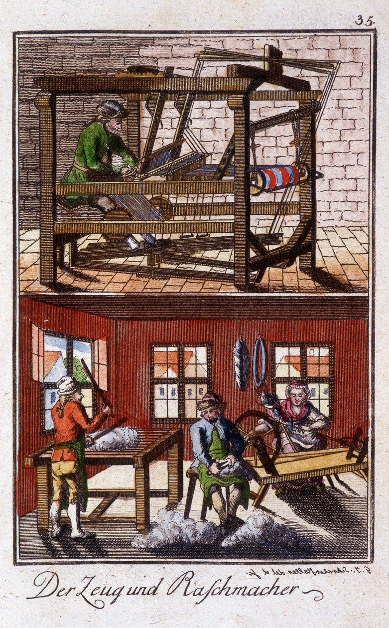 Hantverk: vävaren i sin verkstad. I "" Omfattande beskrivning av konsthantverk och workshops för unga"" av Johan Peter Vue. Ed. Nürnberg, Weigel och Schneider av Unknown artist