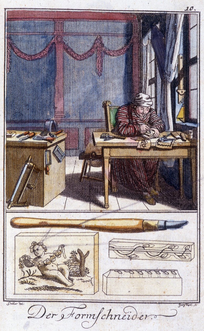 Hantverk: träbearbetningsgravören (och hans arbetsredskap) i sin verkstad. I "" Omfattande beskrivning av konsthantverk och workshops för ungdomar"" av Johan Peter Vue. Ed. Nürnberg, Weigel och Schneider av Unknown artist