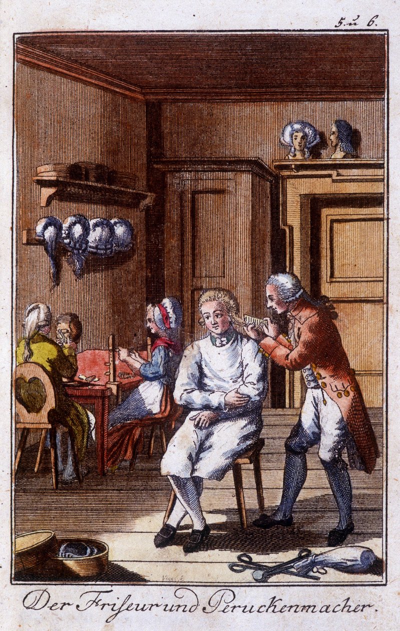 Hantverk: frisör och peruk i sin verkstad. I "" Omfattande beskrivning av konsthantverk och workshops för unga"" av Johan Peter Vue. Ed. Nürnberg, Weigel och Schneider av Unknown artist