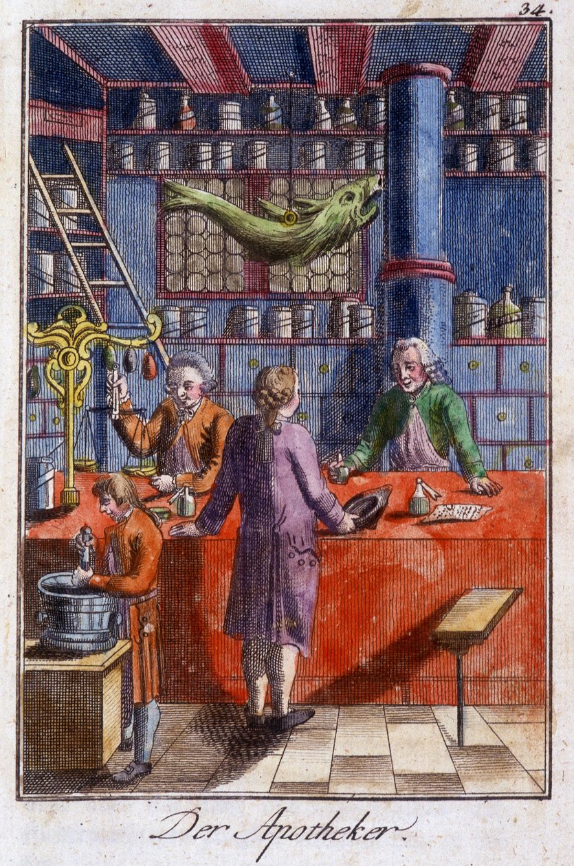 Hantverk: apotekaren (apotekaren) i hans verkstad. I ”” Heltäckande beskrivning av konsthantverk och verkstäder för unga”” av Johan Peter Vire. Ed. Nürnberg, Weigel och Schneider av Unknown artist