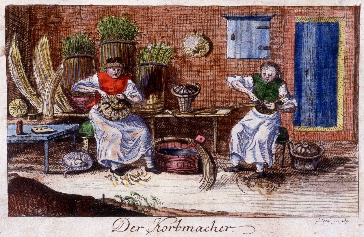 Hantverk: korgmakaren i sin verkstad. I "" Omfattande beskrivning av konsthantverk och workshops för unga"" av Johan Peter Vue. Ed. Nürnberg, Weigel och Schneider av Unknown artist