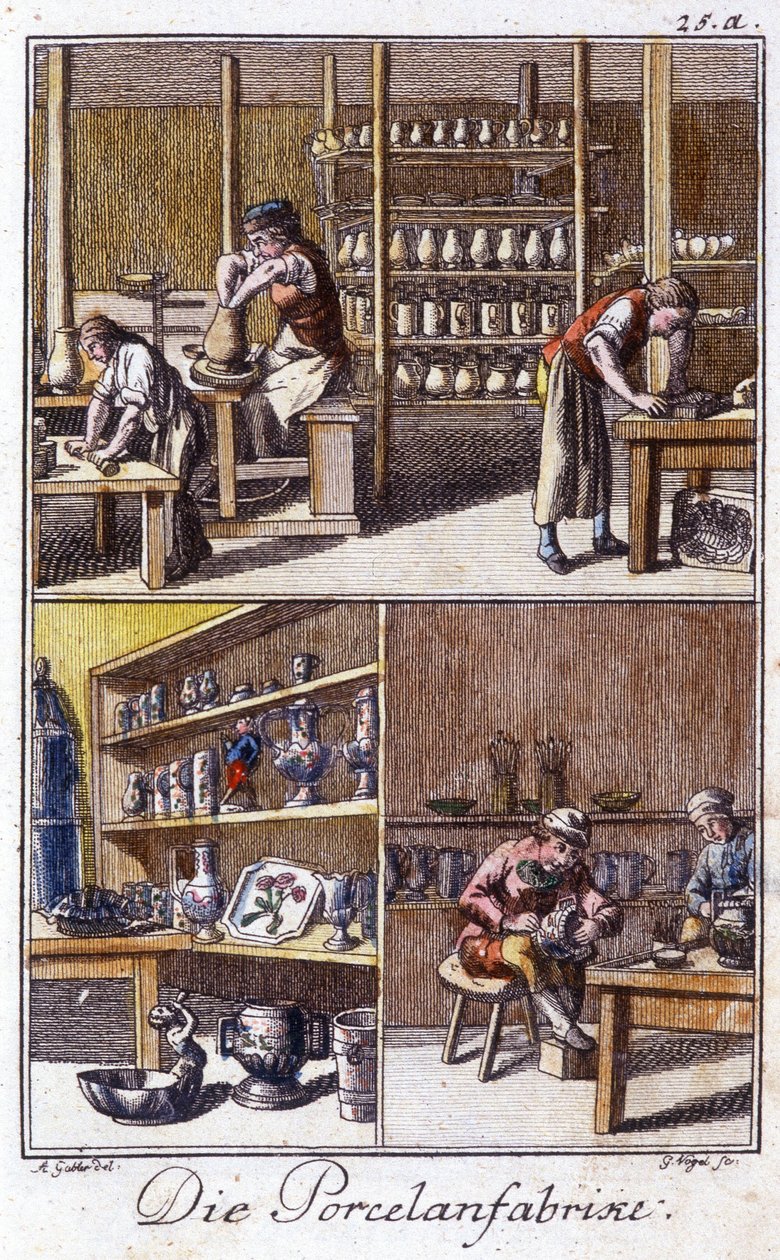 Hantverk: porslinsmakaren i sin verkstad. I "" Omfattande beskrivning av konsthantverk och workshops för unga"" av Johan Peter Vue. Ed. Nürnberg, Weigel och Schneider av Unknown artist