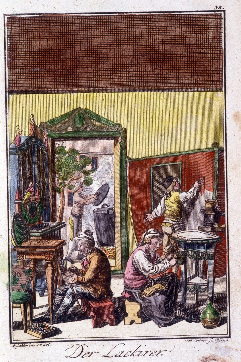 Hantverk: lackeraren i sin verkstad. I "" Omfattande beskrivning av konsthantverk och workshops för unga"" av Johan Peter Vue. Ed. Nürnberg, Weigel och Schneider av Unknown artist