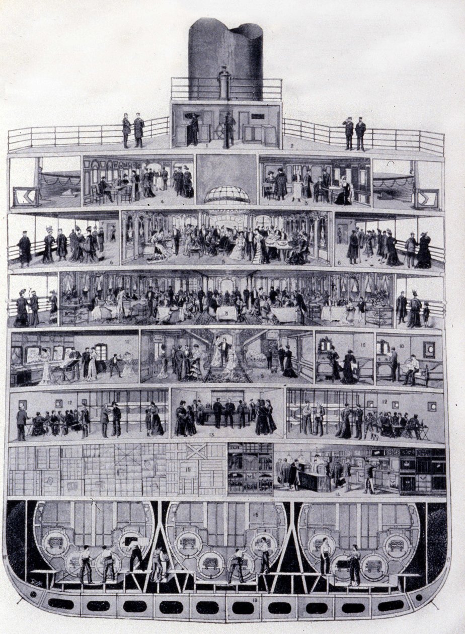 Tvärsnitt av det transatlantiska "Provence": från bro till lastrum. Illustration av 1800-talet av Unknown artist