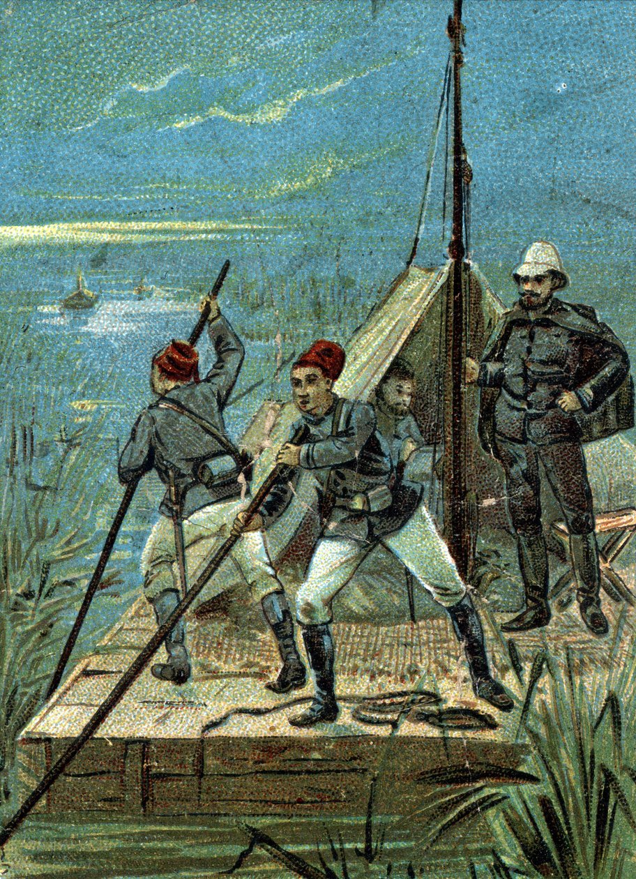 Korsar Bahr el Ghazals myrar i Afrika genom Marchand-missionen 1899. Liebig-kromolitografi från 1800-talet av Unknown artist
