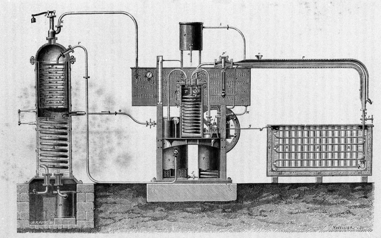 Skärning av industriell utrustning för tillverkning av is av Ferdinand Carré. Gravyr av 1800-talet. av Unknown artist
