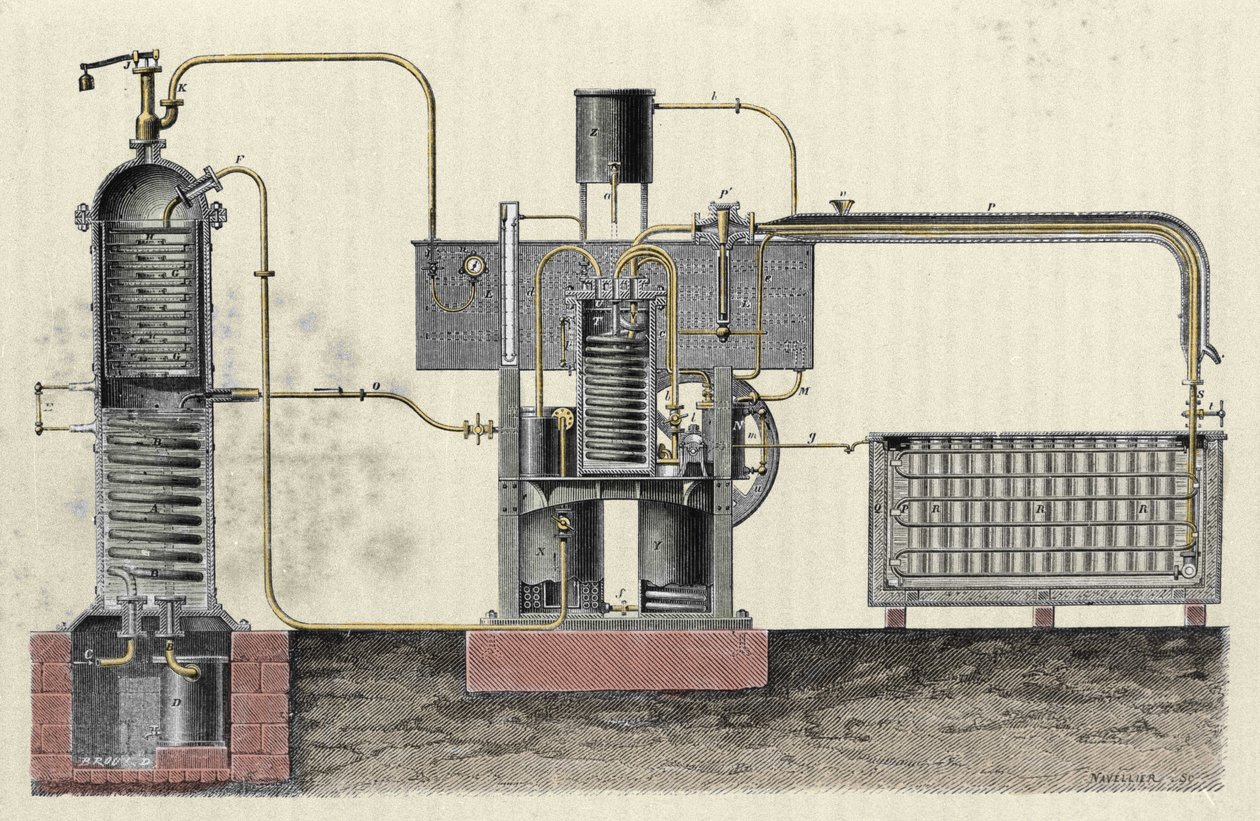 Kapning av Ferdinand Carres (1824-1894) industriella apparat för att göra is. Gravyr av 1800-talet av Unknown artist
