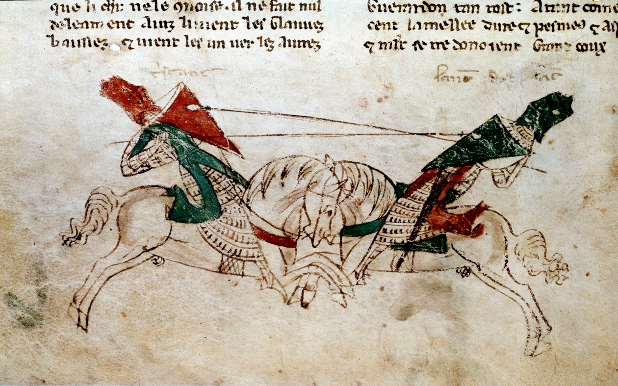 Cykel av kung Arthur: "" Slaget om Lancelot och Tristan"" Miniatyr hämtad från "" Romanen av Meliadus de Leonnoys: tillsammans flera andra ädla riddarbragder av kung Arthur, Palamedes och Galliot de Pre"" av Rustichello (Rustiker, Rusticiano) o av Unknown artist