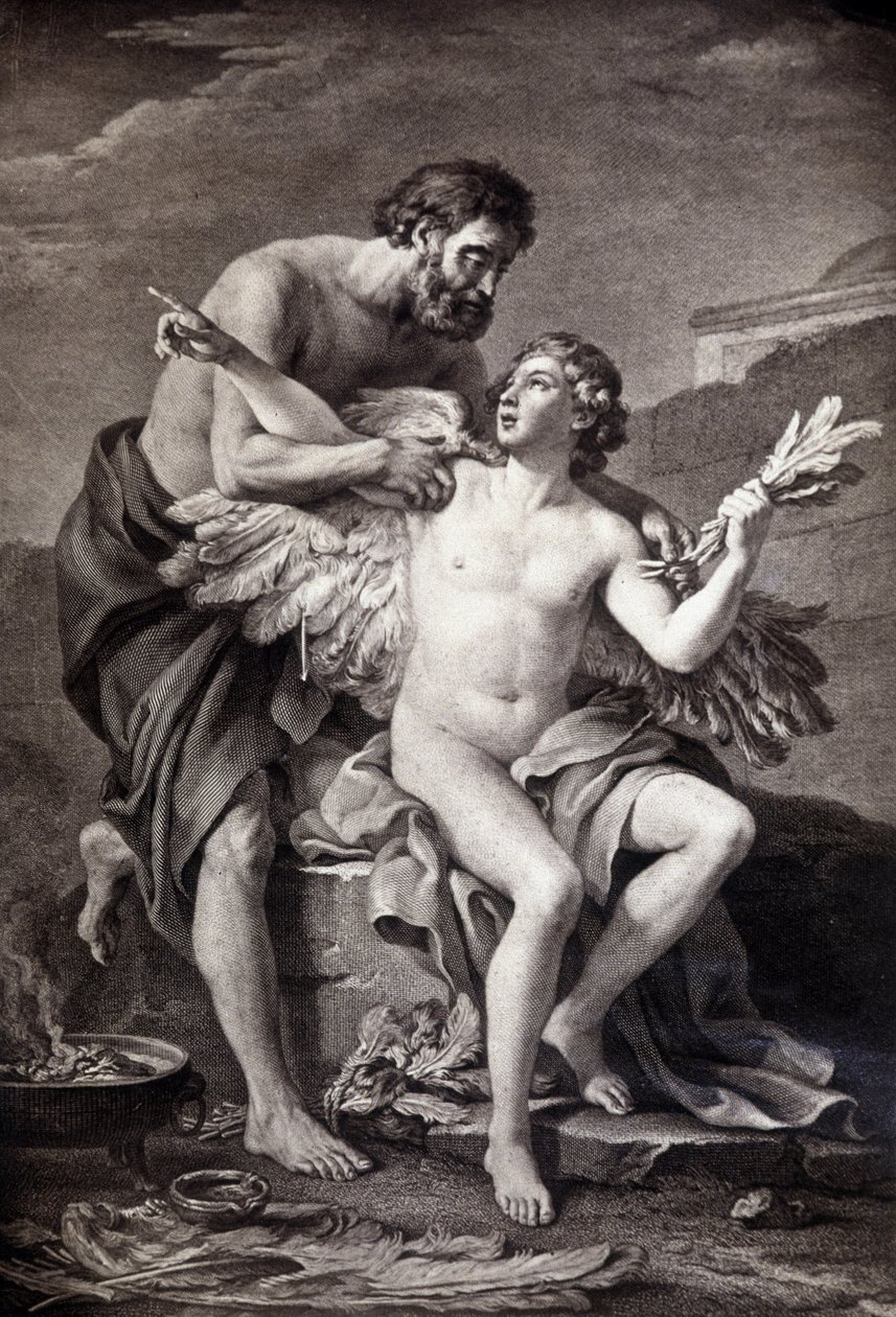 Daedalus och Ikaros. 1800-talsgravyr. av Unknown artist
