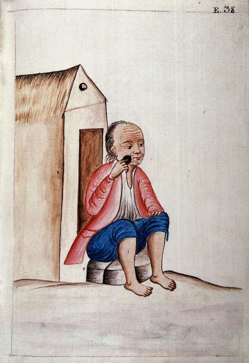 Perus dagliga liv och seder: "" Indier rakar sitt skägg på tröskeln "" Akvarell hämtad från boken "" Trujillo del Peru "" av Baltasar Martinez Companon y Bajanda, biskop av Trujillo (1782-1785). 1700-talets Madrid. Biblioteca del Palacio Real av Unknown artist