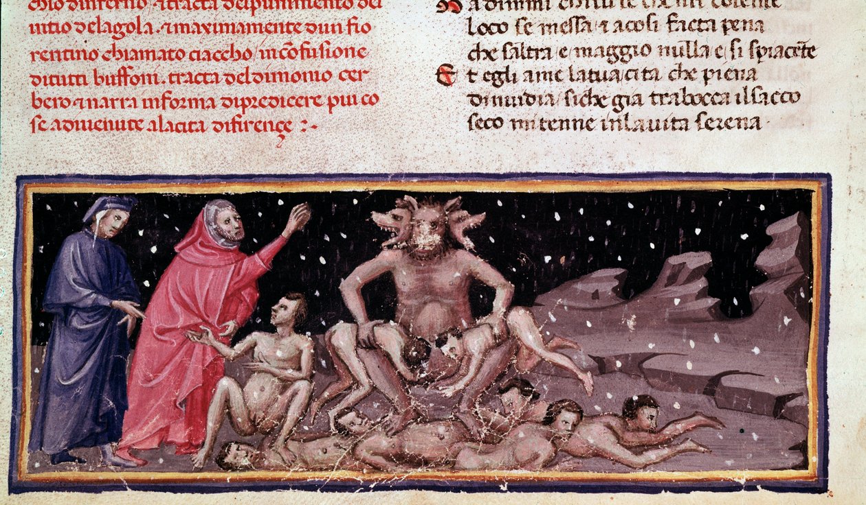Dante och Virgil möter Ciacco och Cerbere med frossaren (låt 9 från Hell, in the Divine Comedya) - miniatyr av Unknown artist