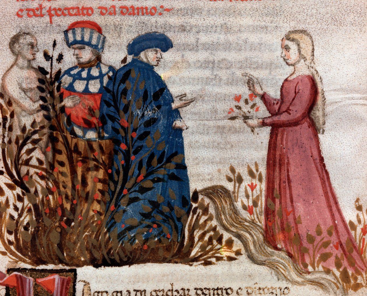 Dante möter Matelda (låt 28 från skärselden, i den gudomliga komedin) - miniatyr av Unknown artist