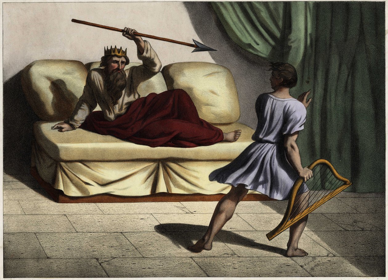 David spelade citar inför kung Saul för att blidka honom. Anonym gravyr från mitten av 1800-talet. av Unknown artist