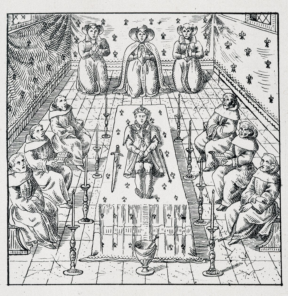 Karl IX:s död den 30 maj 1574 vid 24 år - i "" Samling av 39 figurer som representerar Frankrikes katastrofer från 1562 till 1586"" Louis Perrin imprimerie av Unknown artist