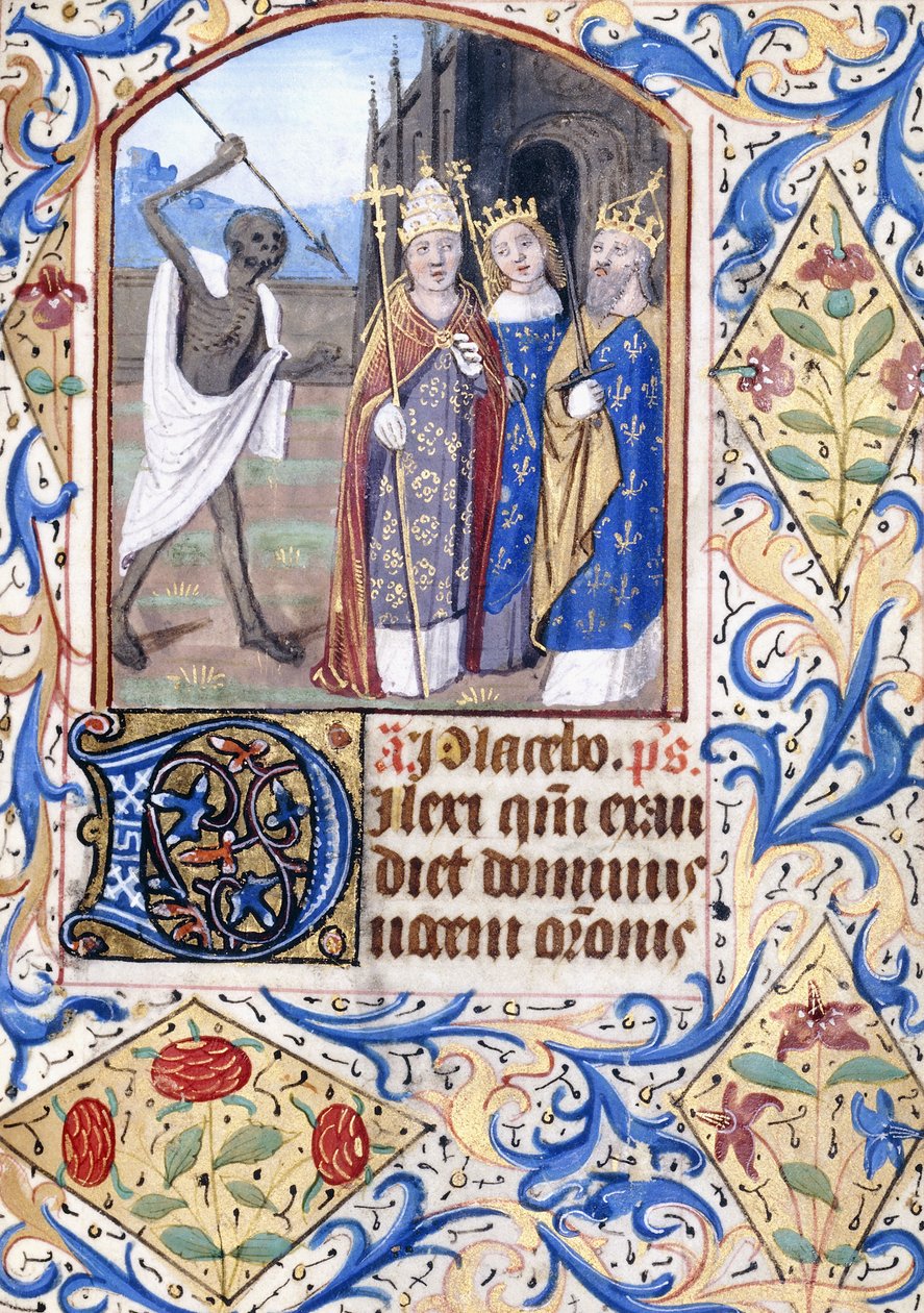 Döden med sitt spjut pekar mot tre figurer, en påve, en kung, en kung och en drottning, stående framför en gotisk kyrka, ca 1470 av Unknown artist