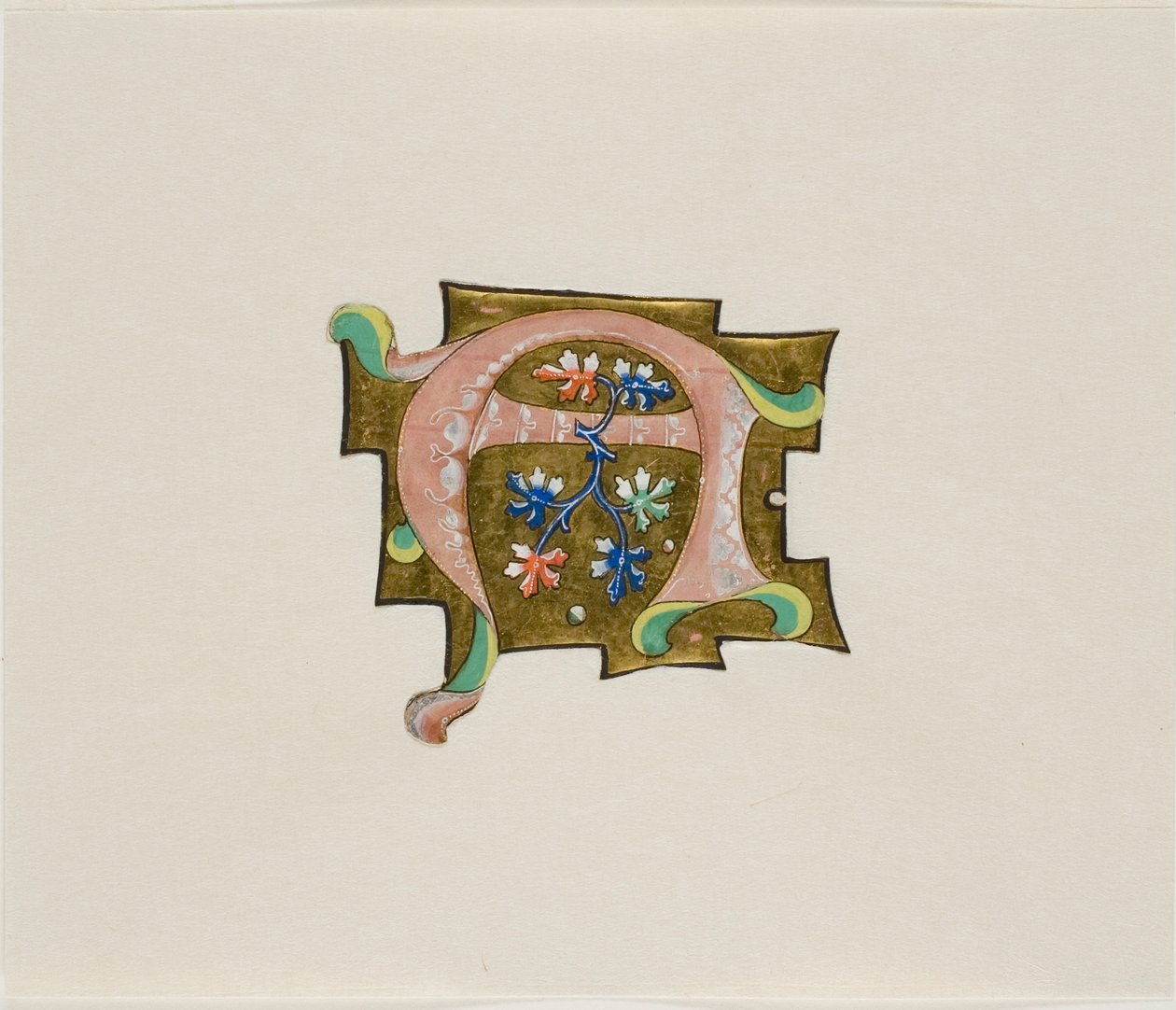 Initialbokstav "A" i rosa med sex blad och två kulor, från en körbok av Unknown artist