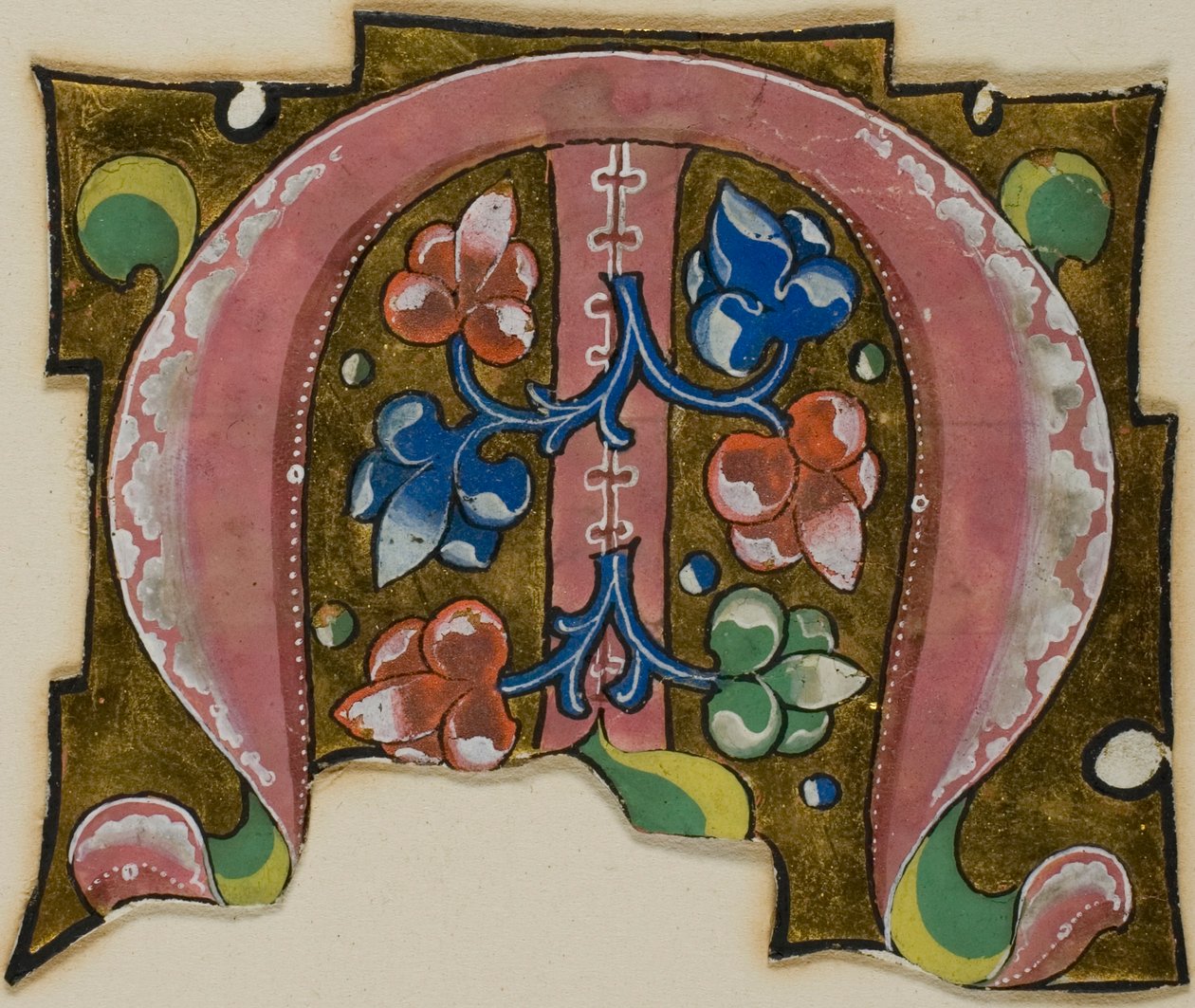 Dekorerad initial "M" i rosa med konventionella blad från en körbok av Unknown artist