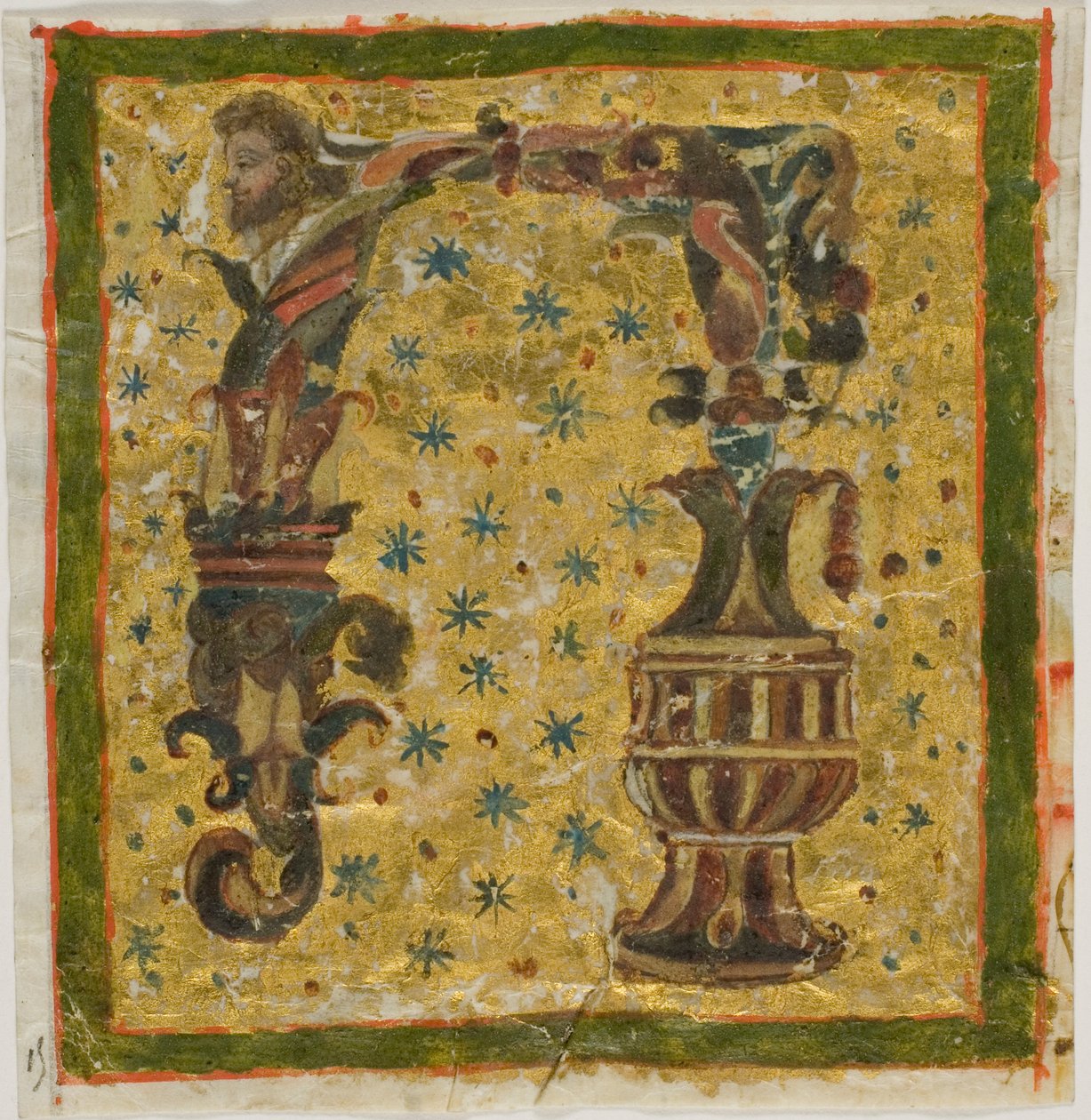 Dekorerad initial "N" med terme (eller grotesk) och urna från ett manuskript av Unknown artist
