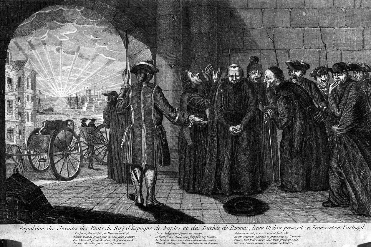 Deportation av jesviterna den 21/07/1773: Utvisning av jesviter från delstaterna kungen av Spanien, Neapel och hertigdömet Parma, deras order förbjudna i Frankrike och Portugal. Gravyr från början av 1800-talet av Unknown artist