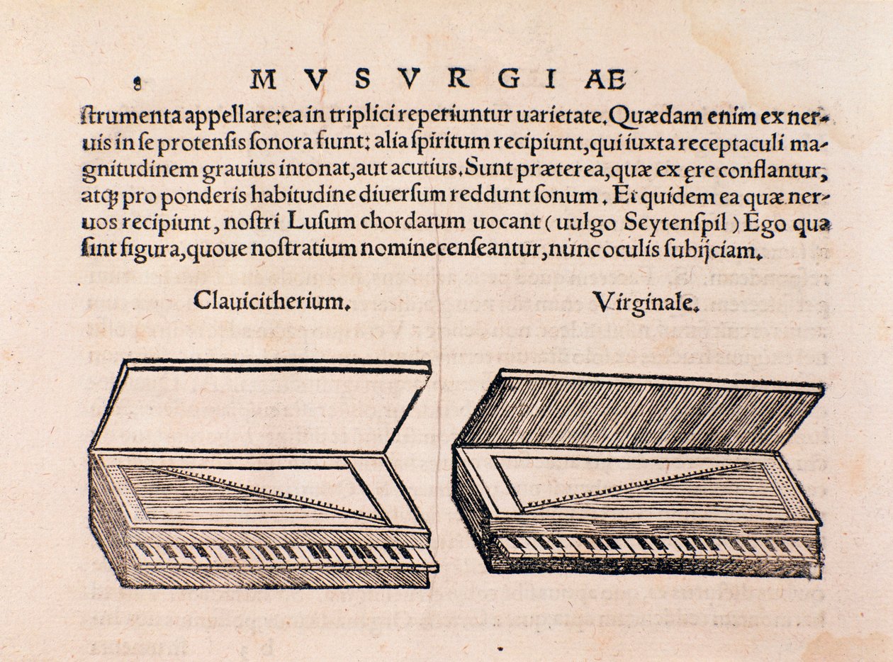 Beskrivning av cembalo och spinett. Sida från Musurgia eller Musical Practice av Unknown artist