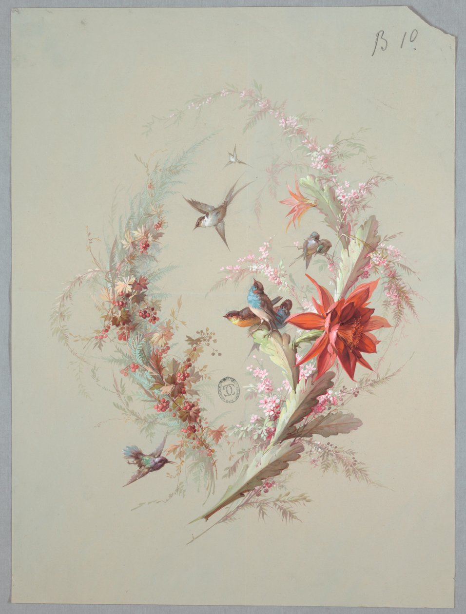 Design för tapeter och textil: Blommor och fåglar av Unknown artist