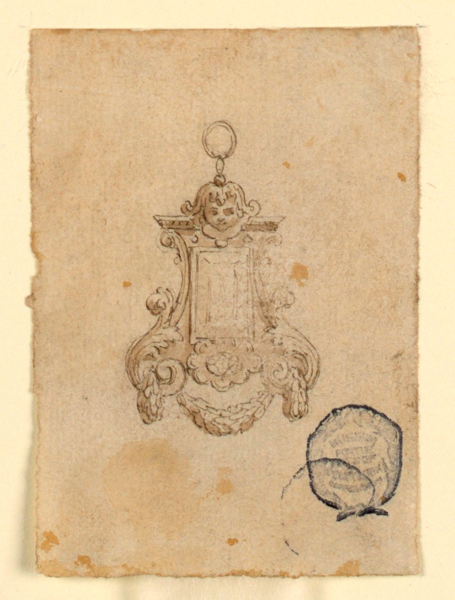 Design för ett hänge med bladvolutter och barnhuvud av Unknown artist