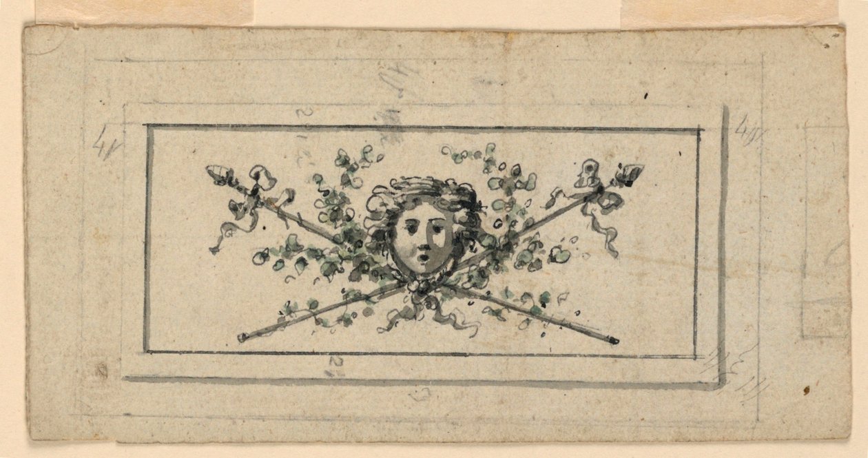 Design för en panel med ett huvud framför två korsade thyrsi av Unknown artist