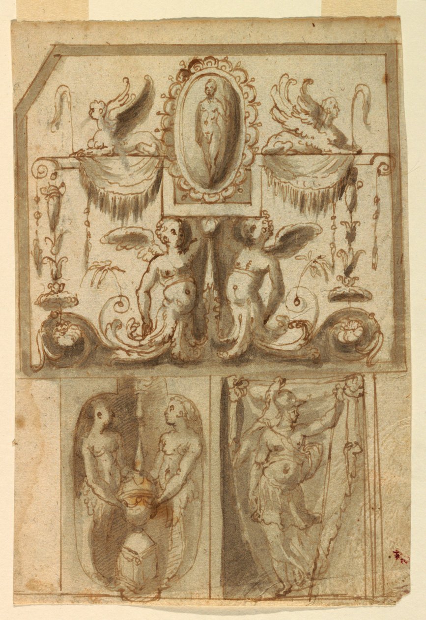 Design för målade dekorationer av tre paneler av Unknown artist