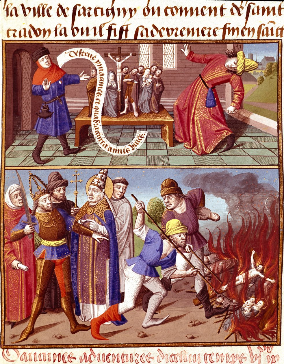 Förstörelse av heliga föremål och intervention av påven Gregoire I den store (540-604) Miniatyr i "" Le miroir historial"" (Speculum Historiale) (ms. 1196) av Vincent de Beauvais (1190-1264) översatt till franska av Jean de Vignay av Unknown artist