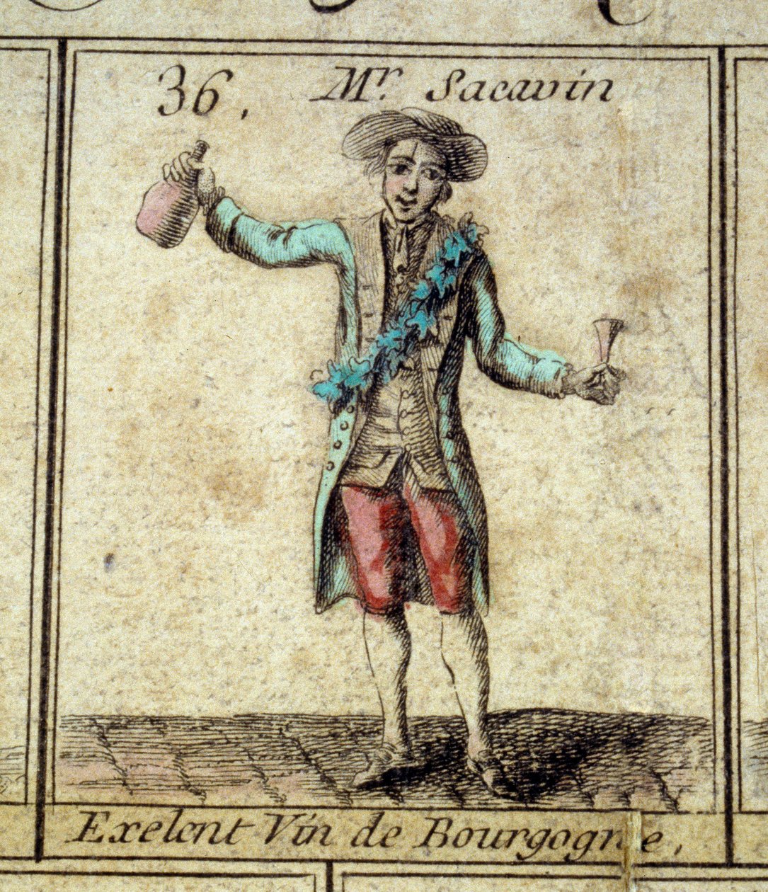 Detalj av spelet Goose of the Cree of Paris: Mr Sacavin, vindrickare från Bourgogne. Gravyr av 1700-talet. Coll. Gå. av Unknown artist