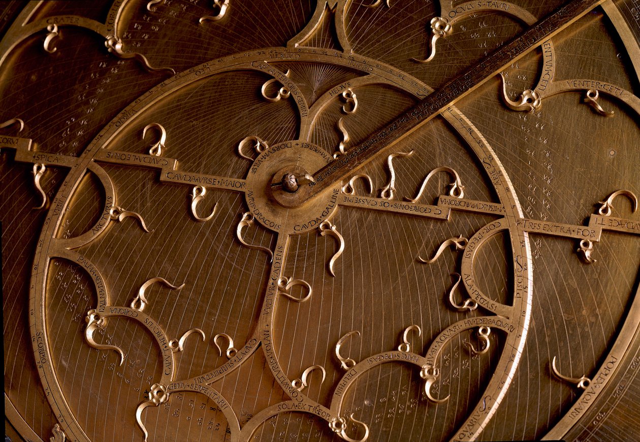 Detaljvy av en kopparastrolabium. 1600-talets Florens, institut och museum för vetenskapshistoria av Unknown artist